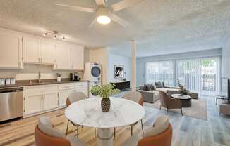 our apartments offer a living room with a kitchen and dining area