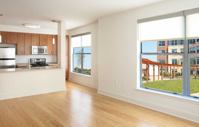 Kitchen and Living Room with Bamboo Flooring