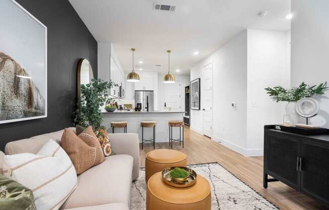 a living room with a couch and a table