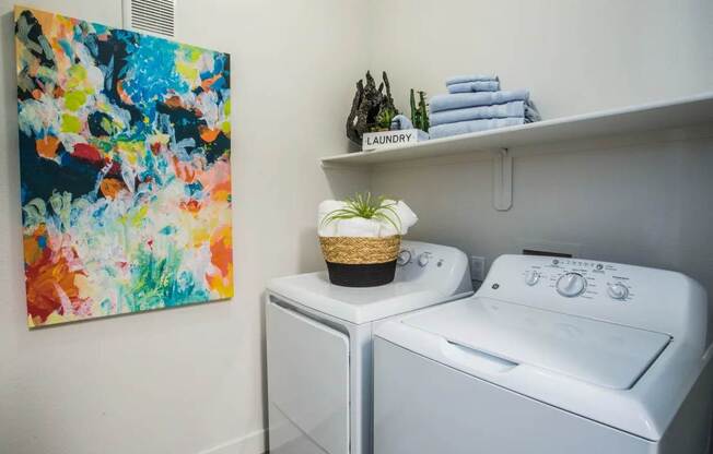 A laundry room with a washer and dryer, a basket of plants, and a colorful painting on the wall.