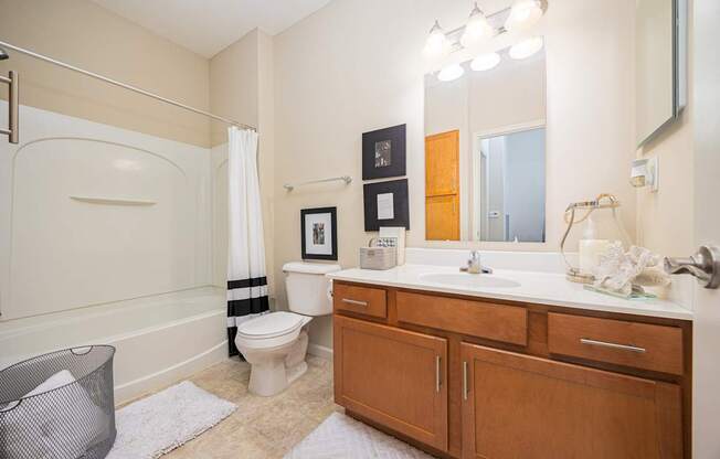 A bathroom with a toilet, sink, and mirror.