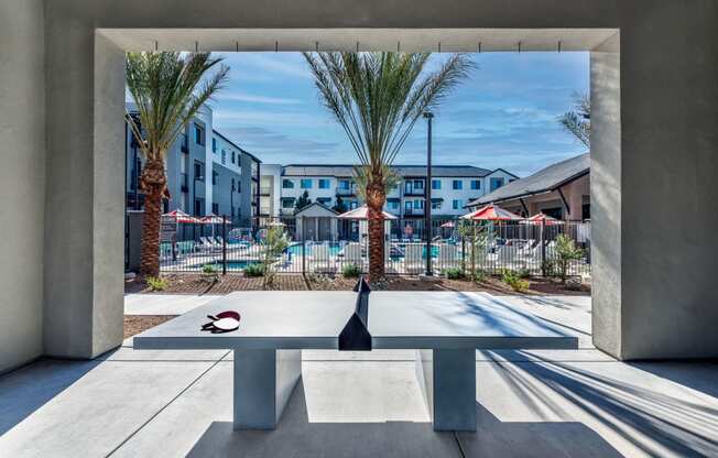 a ping pong table in a courtyard with palm trees