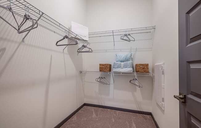 a walk in closet with shelves and hooks and a door