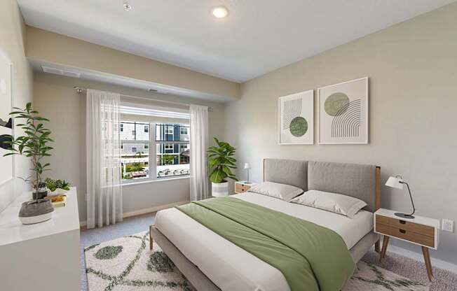 A bedroom with a large bed and a window with curtains.