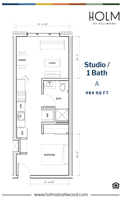 A floor plan for a studio with a bath.