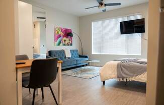 a bedroom and living room with a couch and a bed at Canary Lofts, Iowa, 50311