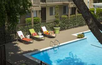 a swimming pool with lounge chairs and a tree in front of a building