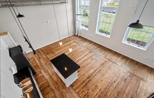 Kitchen and living room at Spinning Mill Lofts, Clayton, NC 27520