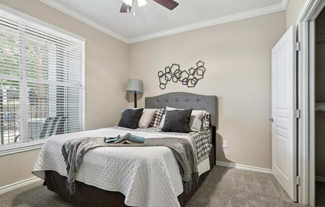 Windsor bedroom with carpet, a window, and a ceiling fan at Encore at Buckingham Apartments in Richardson, TX