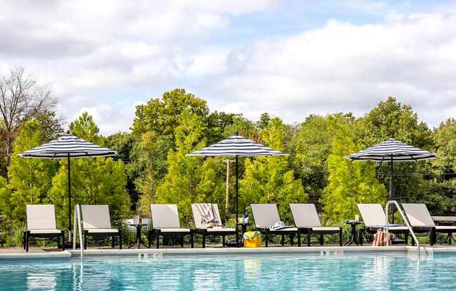 A pool with chairs and umbrellas in front of trees.