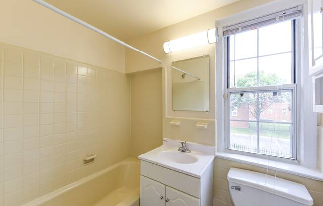 bathroom with vanity, mirror, tub, toilet and window at colonnade apartments in washington dc