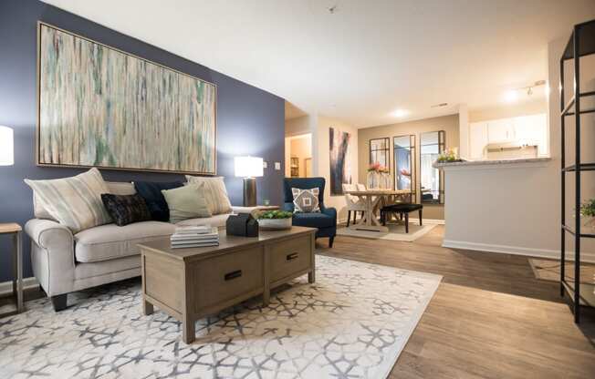 model apartment living room at Palmetto Place, Fort Mill