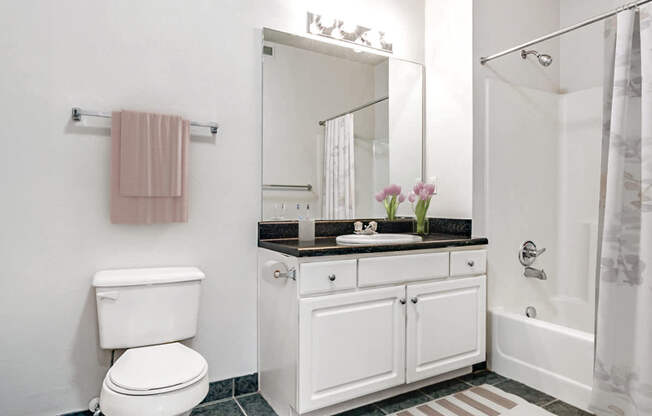 A white bathroom with a toilet, sink, and mirror.