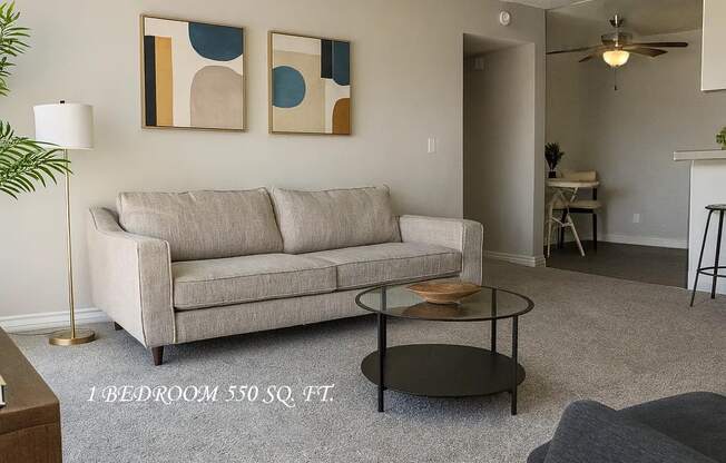 A living room with a grey couch and a coffee table.