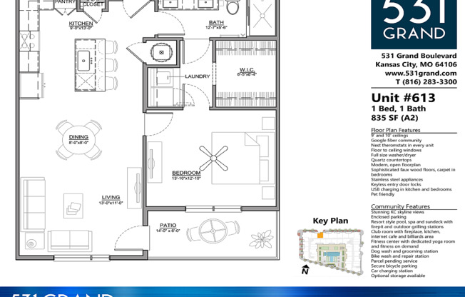 1 bed, 1 bath, 835 sqft, $1,924, Unit 613