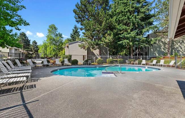A large outdoor swimming pool surrounded by lounge chairs and trees.