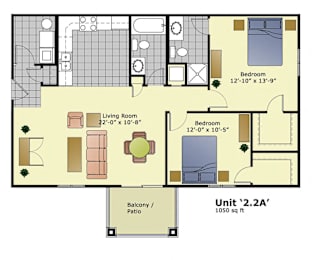 2 beds, 2 baths, 1,050 sqft, $1,550