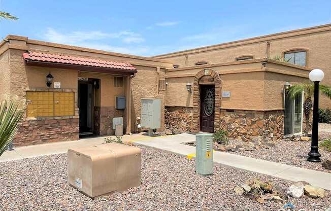 A house with a brown door and a brown wall.
