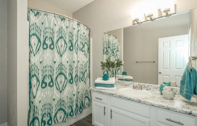 a bathroom with a sink and a shower and a mirror