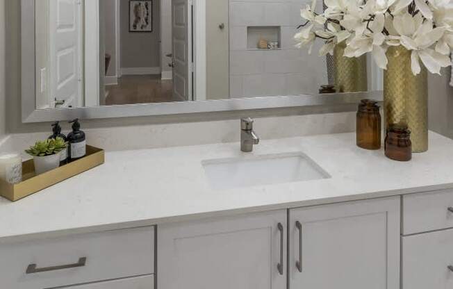 A bathroom with a white counter top and a gold tray with plants on it.