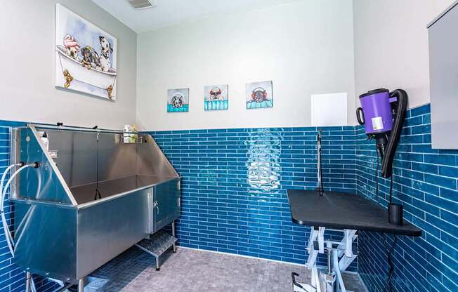 a kitchen with blue tiles and a sink and a coffee maker