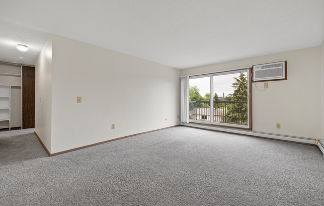 A spacious room with a grey carpet and a sliding glass door leading to a balcony.