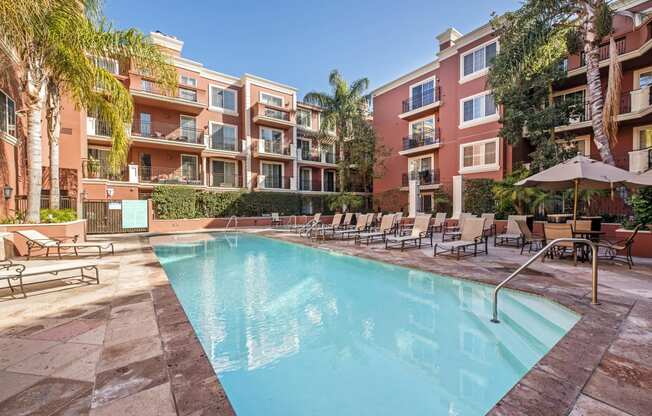 a swimming pool in front of an apartment building  at Marina Harbor, California, 90292