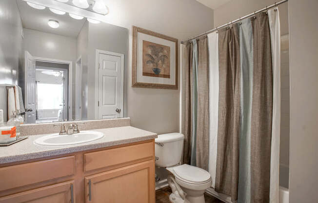 A bathroom with a toilet, sink, and shower.