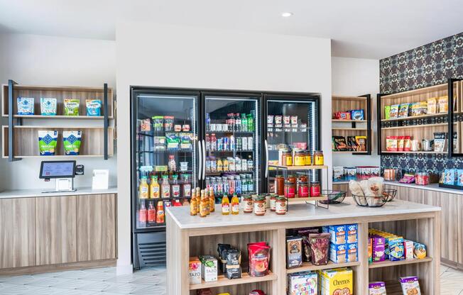 Experience convenience around the clock at Modera EaDo's 24-hour to-go marketplace, offering a wide selection of food, beverages, and everyday essentials.