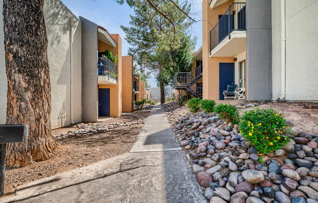 an alley between two buildings with rocks and plants and trees