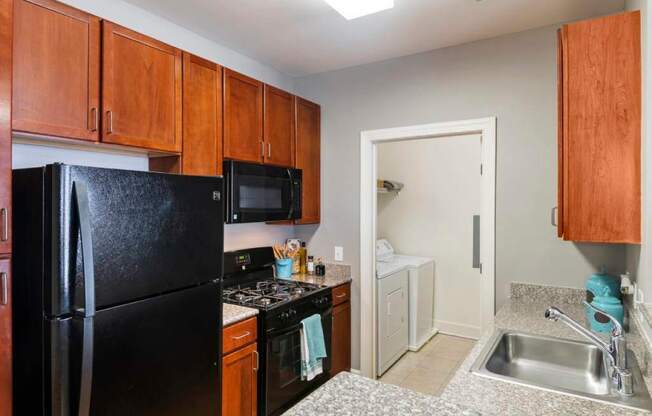 a kitchen with a black refrigerator and a sink