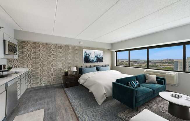 Bedroom With Expansive Windows at Aire MSP Apartments, Bloomington