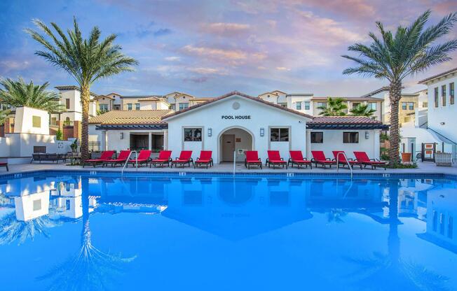 a house with a large pool of water
