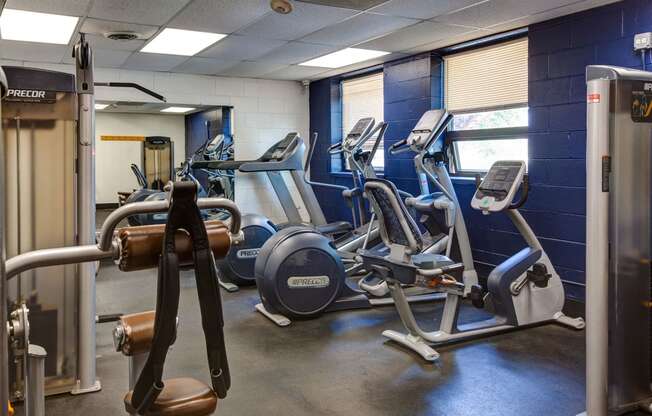 a gym with cardio equipment and weights in a building at Willow Hill Apartments, Justice, Illinois