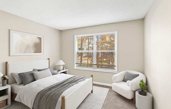 Model Bedroom with Carpet and Window View at Element 41 Apartments located in Marietta, GA.