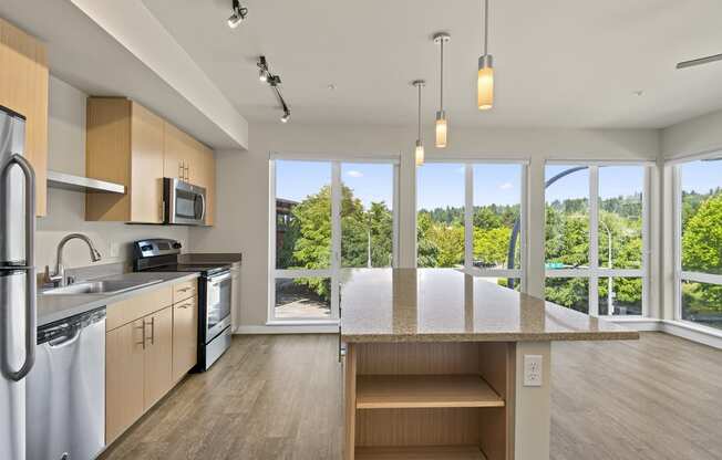 a kitchen with a large island and a view of the trees outside