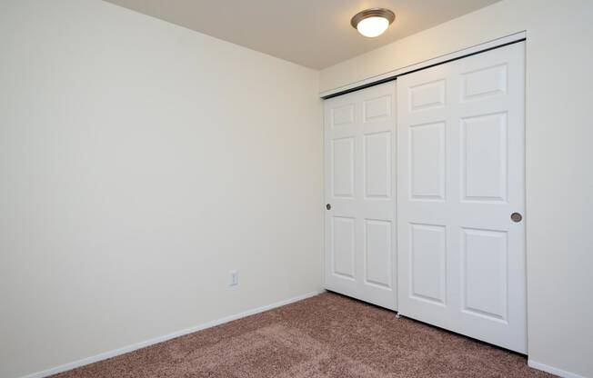 a bedroom with two closets and a carpeted floor