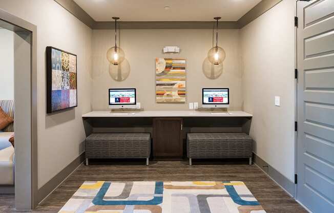 Cyber Cafe with Coffee Station and Work Areas for Residents at Echo at North Pointe Center Apartment Homes, Alpharetta, GA 30009