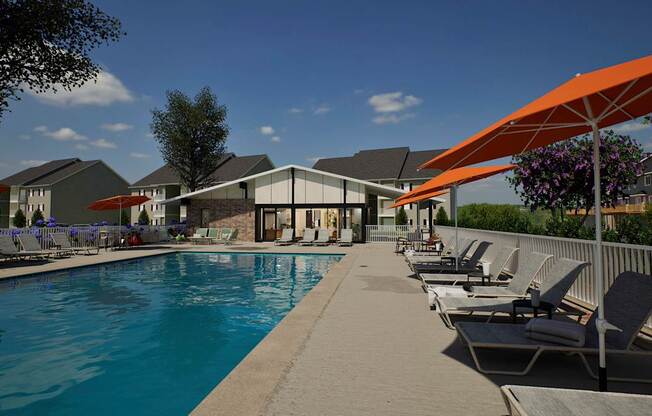 A pool with chairs and umbrellas is surrounded by buildings.
