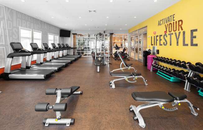 a gym with cardio equipment and weights on a wooden floor