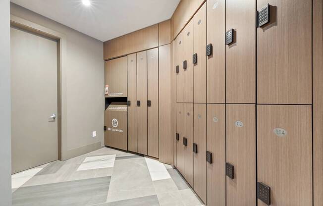 a row of wooden lockers in a locker room in a building