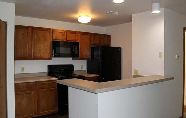 a kitchen with a black stove top oven next to a black refrigerator