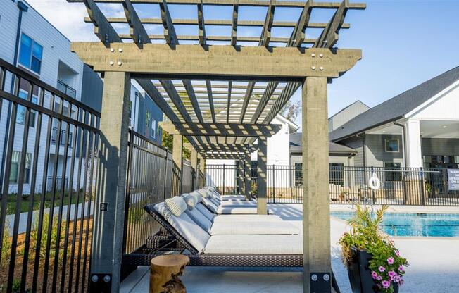 Pool Area with Gazebo and Lounge Chairs  at Elwood Apartments, Indian Trail, 28079