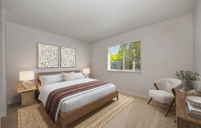 a bedroom with a bed and a window at Rush River Apartments, Sacramento, 95831