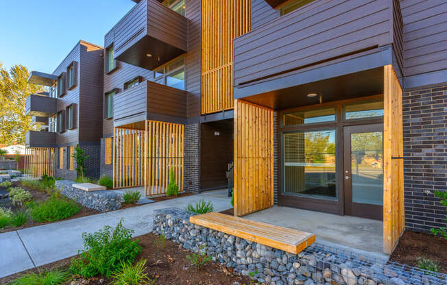 a bench in front of a building