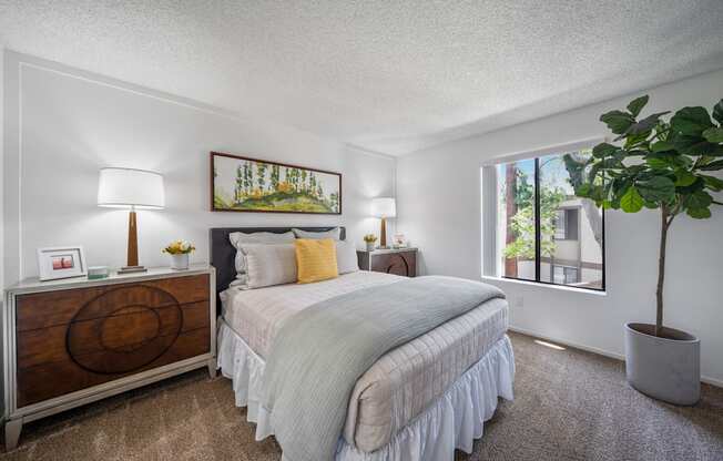 a bedroom with a bed and a large window