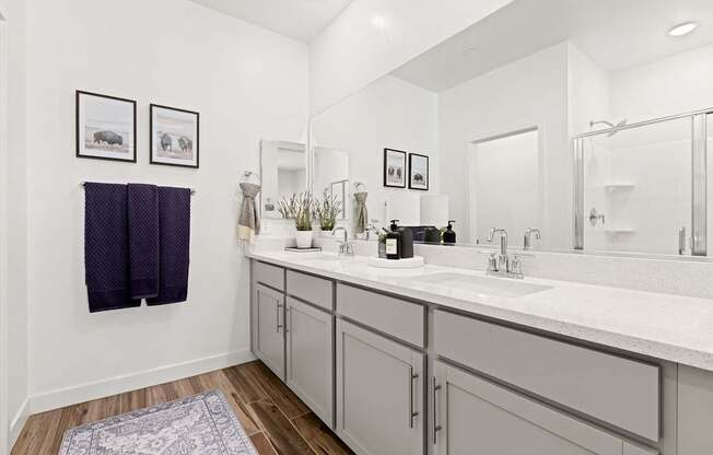 A bathroom with two sinks and a large mirror.