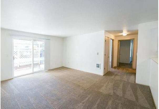 A room with a carpeted floor and a doorway leading to another room.