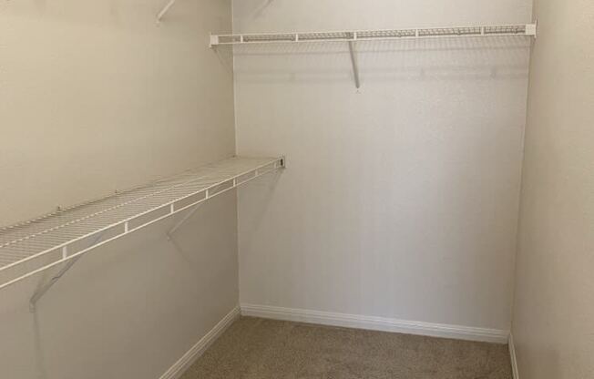 a spacious closet with shelves and a carpeted floor
