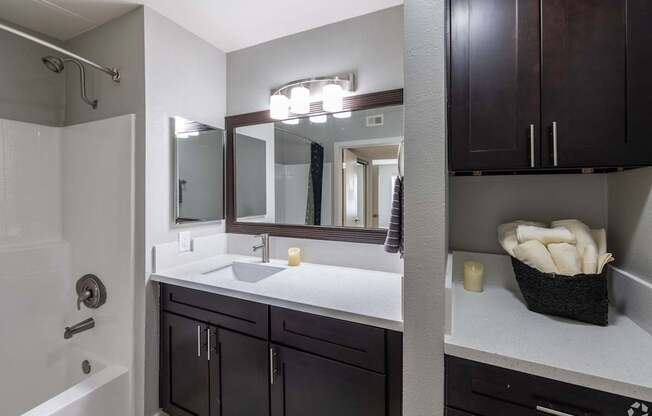 A bathroom with a white sink and a mirror above it.